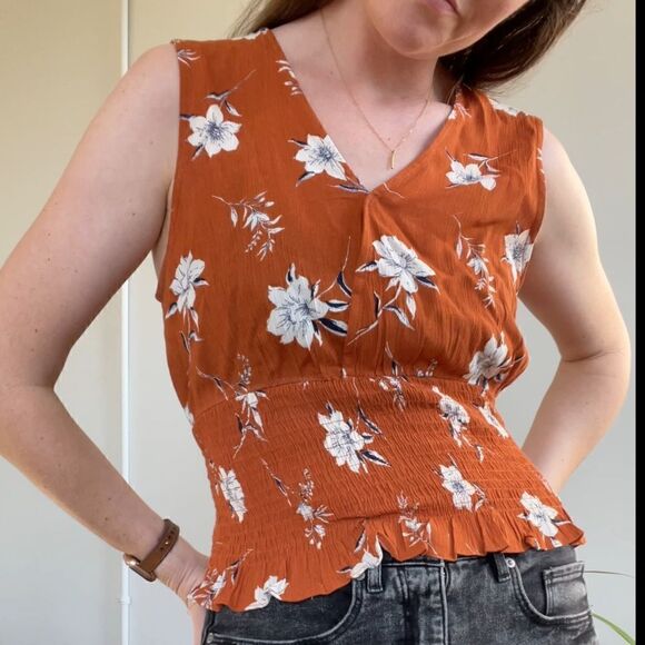 Paper Crane Tops - Paper Crane Orange Floral Smocked Waist Top M